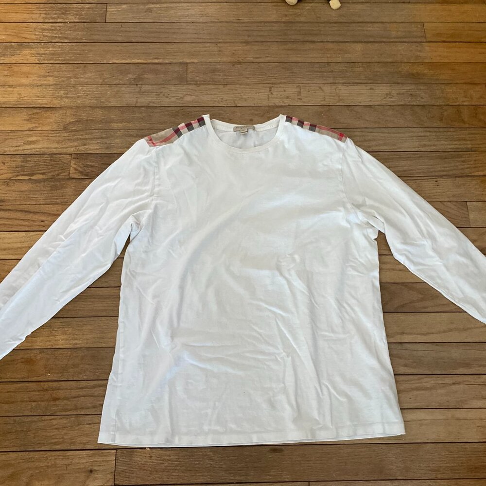 Burberry Brit Mens White Long Sleeve Plaid Patch Shoulder Tee T-Shirt - XL